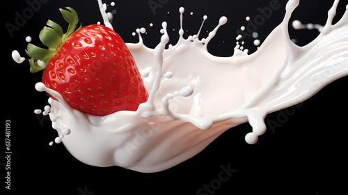 Dynamic interaction of milk splash with strawberry, creating a smooth wave of yogurt and cream, generative by AI.