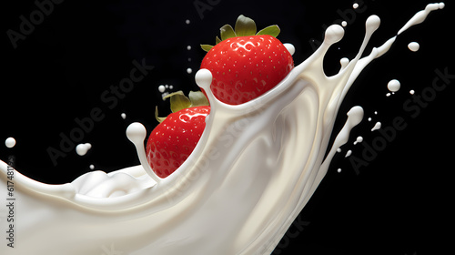 Dynamic interaction of milk splash with strawberry, creating a smooth wave of yogurt and cream, generative by AI.