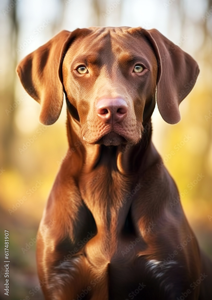 Cute Hungarian pointer dog portrait.
Animal movement concept. Dogs are full of energy and always need to be moved. AI generated.