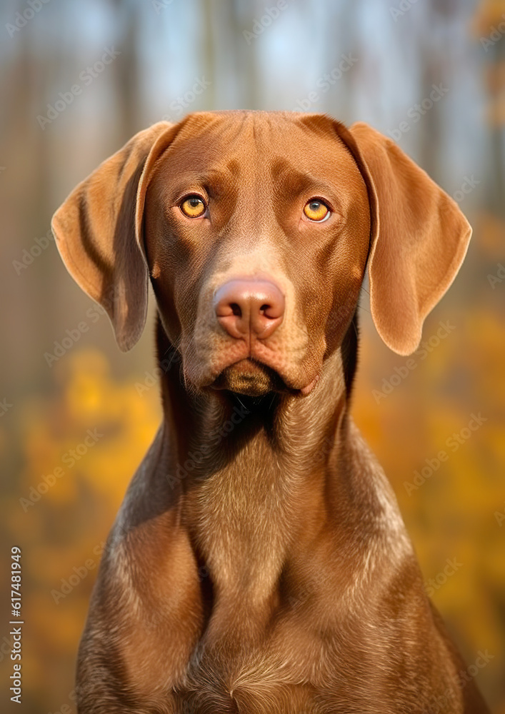 Cute Hungarian pointer dog portrait.
Animal movement concept. Dogs are full of energy and always need to be moved. AI generated.