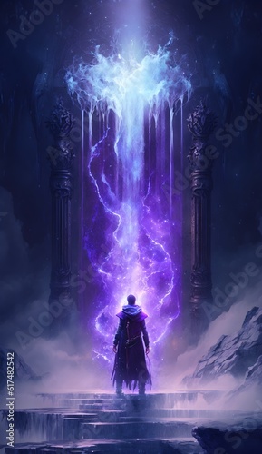 3D rendering with HD HDR of water droplets forming into icicles about a pit of love while a sorcerer stands on the edge shooting a purple light of energy into the clouds above  © Heidi