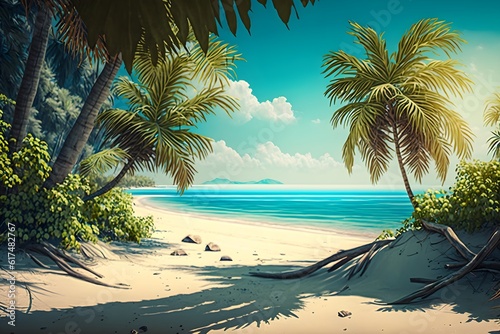 tropical beach with sand and palm trees and calm blue seas with blue cloudless sky paradise gallery quality photo photorealistic 8k 