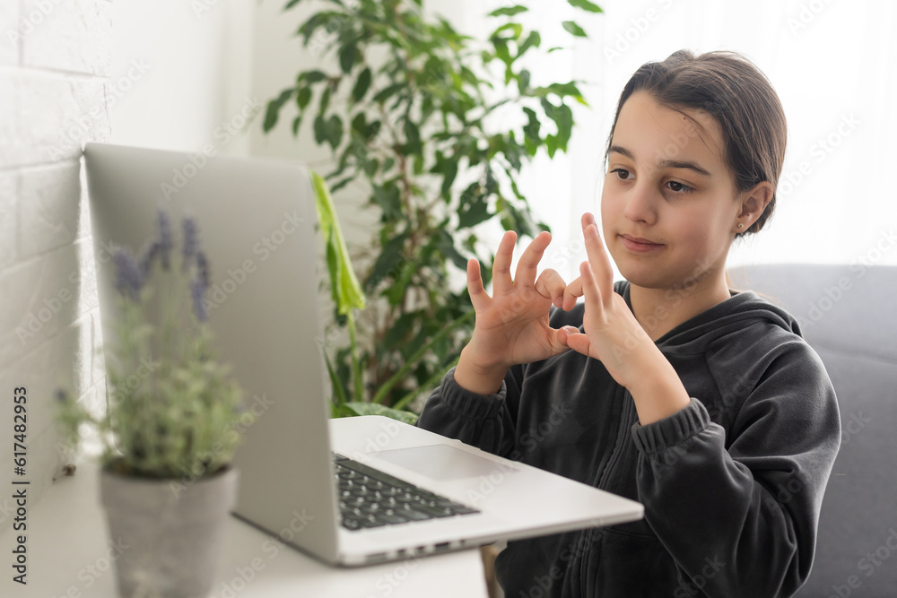 Distant education. Friendly teen girl having online lesson via laptop and showing gesturing in sign language, studying online from home Distant education. Friendly teen girl having online lesson via laptop and showing gesturing in sign language, studying online from home