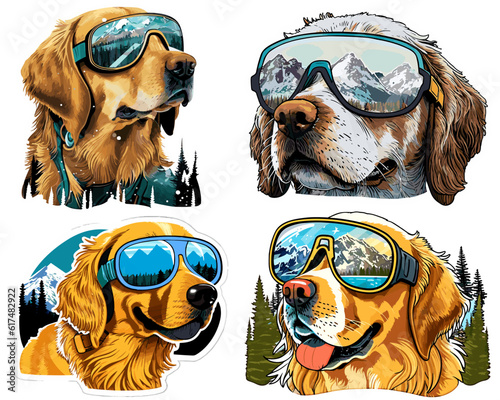 Golden retriever in ski googles, funny dog, sticker style, pack of 4, transparent background 