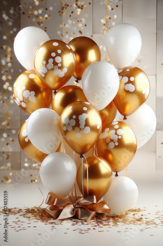 Gold and white balloons with bows. Vertical holiday background. AI generative.