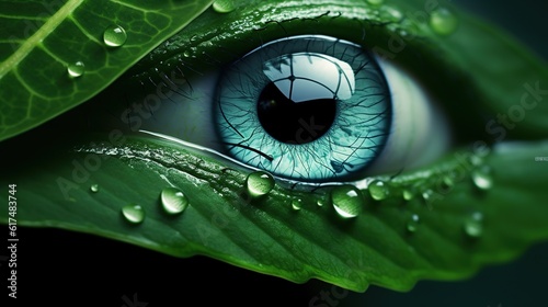 Eye in a green leaves. Close up of the blue eyeball. Surreal macro. Detailed iris. Digital art. Generative AI. Illustration for banner, poster, cover or presentation.