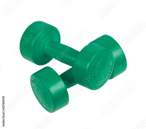 Two bright colored athletic rubber dumbbells, png isolated on transparent background