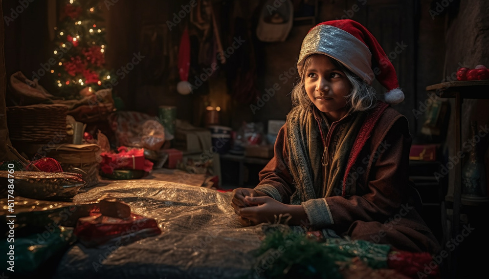 Smiling family crafting homemade Christmas decorations indoors generated by AI Smiling family crafting homemade Christmas decorations indoors generated by AI