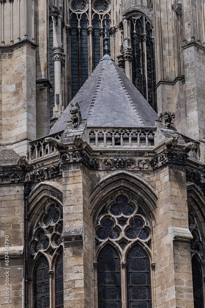 Fragment of Amiens Gothic Cathedral (Basilique Cathedrale Notre-Dame d'Amiens, 1220 - 1288). Amiens, Somme, Picardie, France.