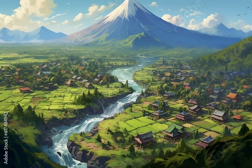 Serene Countryside Village Nestled Amidst Volcano River and Green Valley. AI