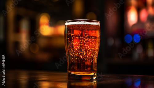 Frothy drink in beer glass illuminates bar counter generated by AI