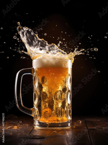 Mug of beer with foam and splashes on a wooden table isolated on a dark background