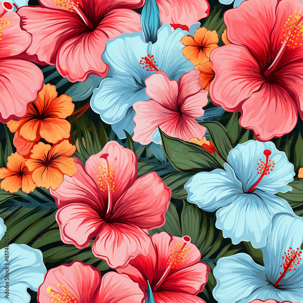 Seamless tropical floral pattern with bright flowers and exotic leaves