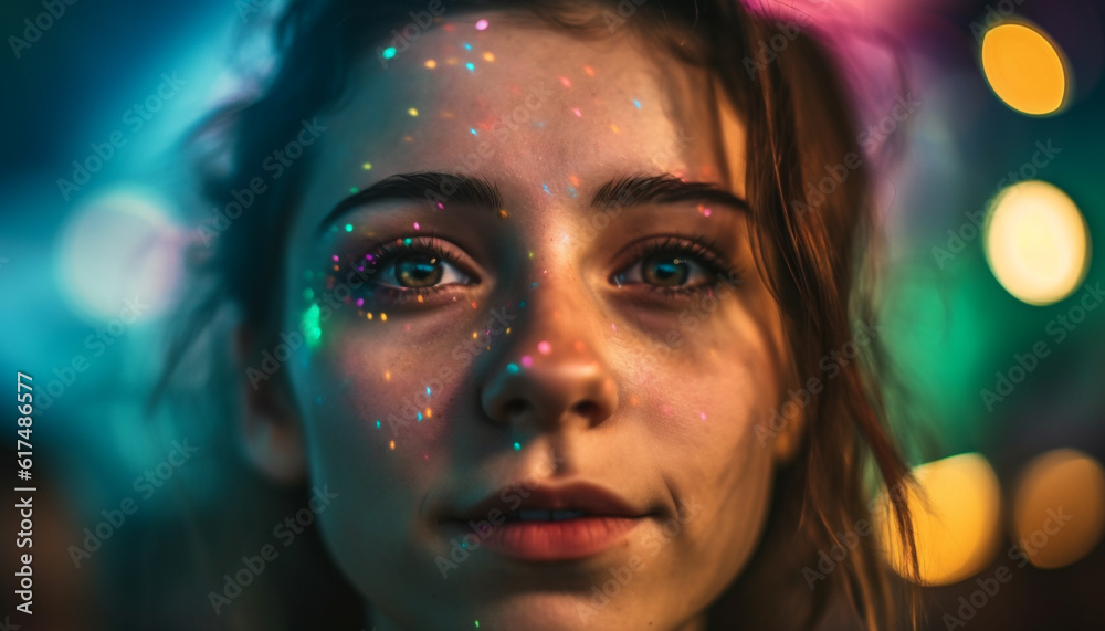 Fototapeta premium Young woman smiling, illuminated by colorful lights generated by AI