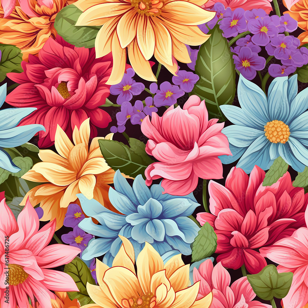 Seamless tropical floral pattern with bright flowers and exotic leaves Seamless tropical floral pattern with bright flowers and exotic leaves