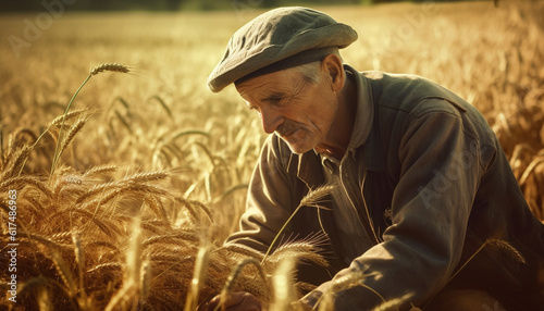 Mature farmer holding ripe wheat, smiling happily generated by AI