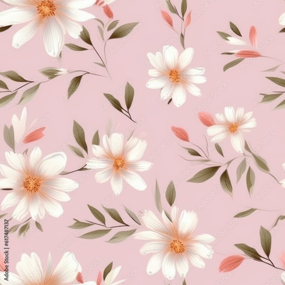 A seamless pattern with white flowers and pink background