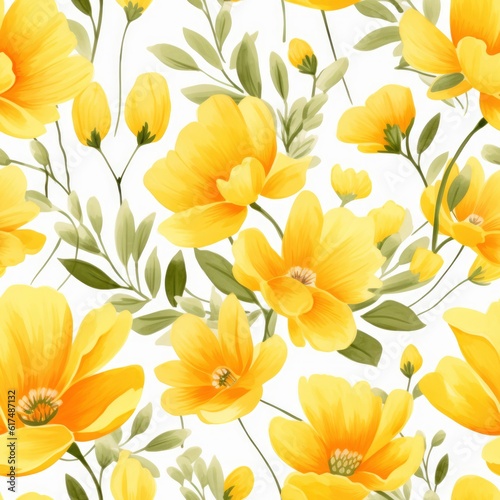 A seamless floral pattern with yellow flowers and white background