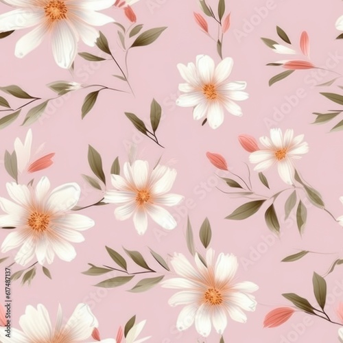 A seamless pattern with white flowers and pink background © mia.n_official