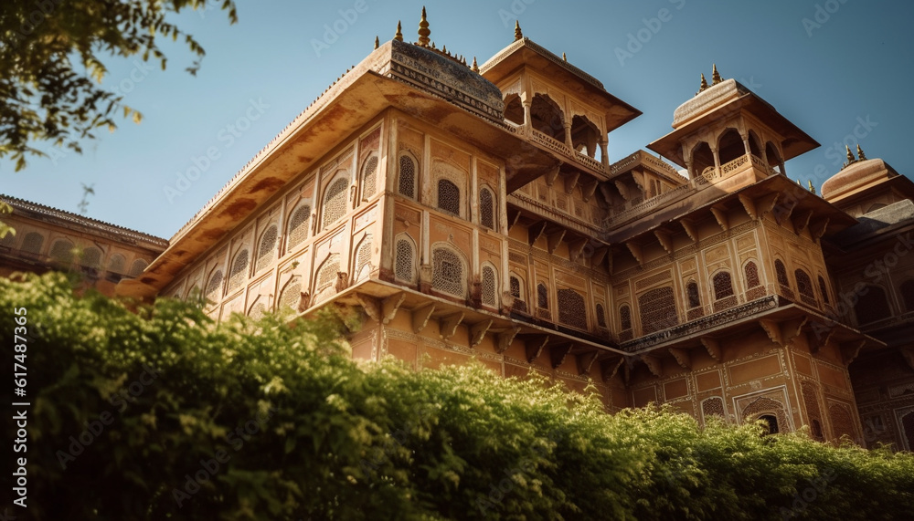 Ornate sandstone facade showcases ancient Indian culture elegance generated by AI