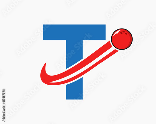 Letter T Bowling Logo. Bowling Ball Symbol With Moving Ball Icon