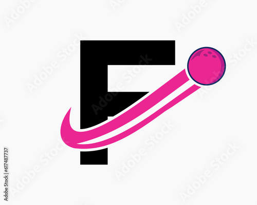 Letter F Bowling Logo. Bowling Ball Symbol With Moving Ball Icon