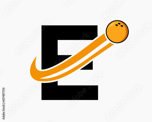 Letter E Bowling Logo. Bowling Ball Symbol With Moving Ball Icon