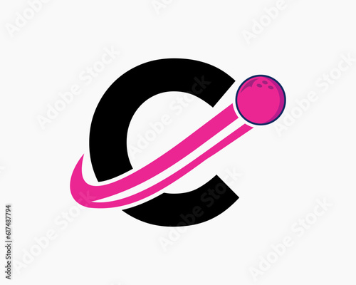 Letter C Bowling Logo. Bowling Ball Symbol With Moving Ball Icon