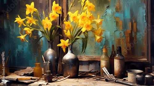 Photo Still life with a bouquet of yellow daffodils in a vase with a teal painted background on an artist table