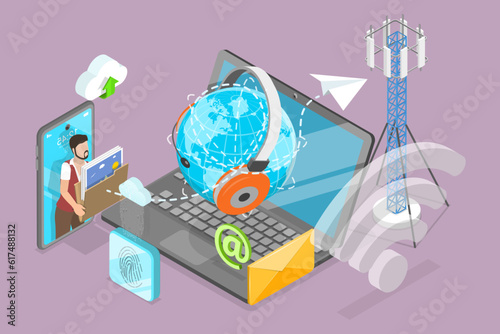3D Isometric Flat Vector Conceptual Illustration of Telecommunication Network, Radio and Mobile Connection
