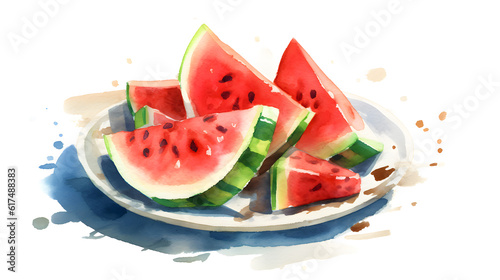 watercolor drawing of a bunch of watermelon slices on a plate  generative ai