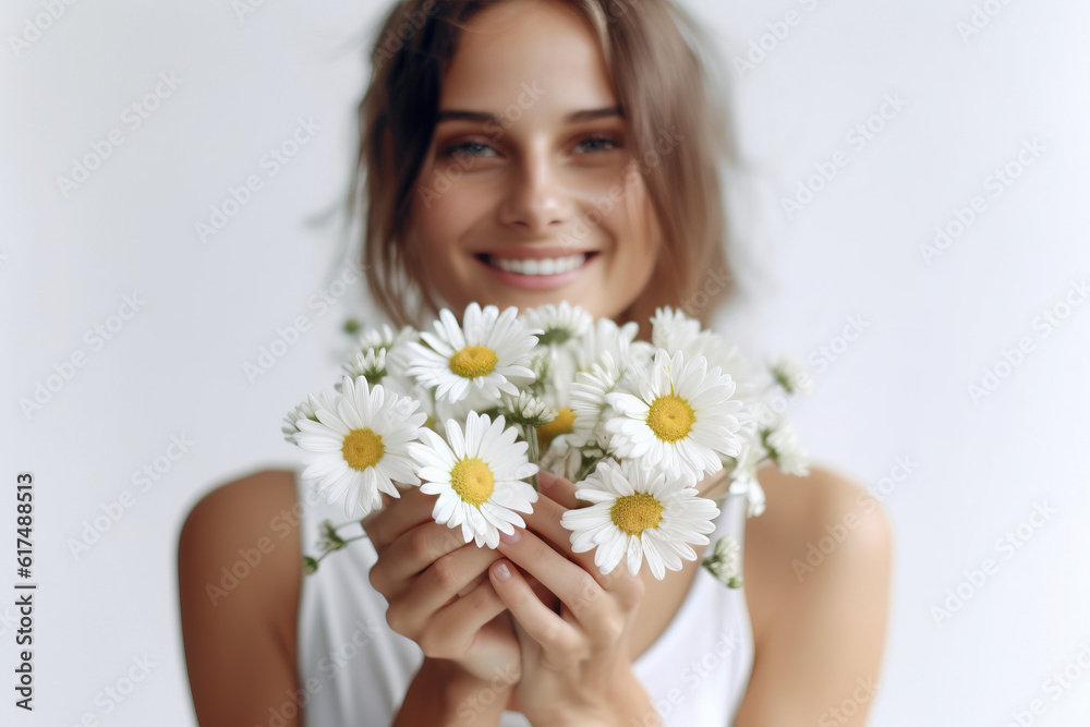 woman holding a bouquet of daisies made with generative AI