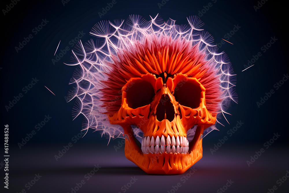 Orange large dandelion skull with white teeth on a dark background. Halloween dandelion skull. Skull smile. Generative AI Orange large dandelion skull with white teeth on a dark background. Halloween dandelion skull. Skull smile. Generative AI