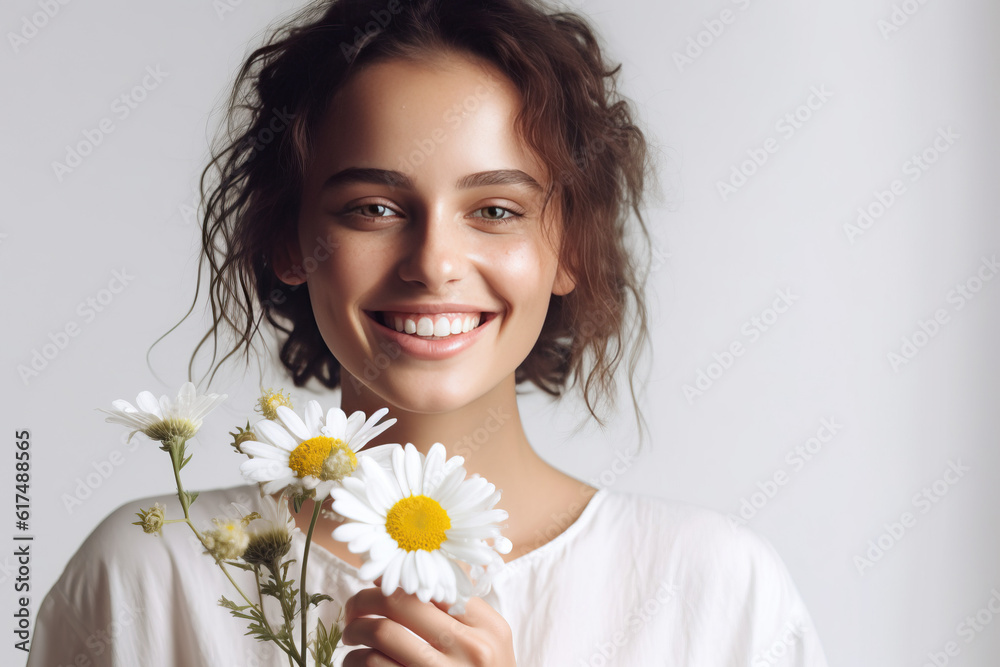 woman holding a bouquet of daisies made with generative AI woman holding a bouquet of daisies made with generative AI