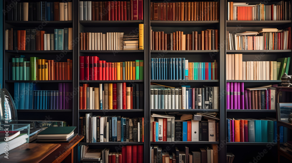 bookshelf with multi-colored books, background consisting of a huge bookshelf lined with colored books of all colors of the rainbow, cute bright home library background, generative ai bookshelf with multi-colored books, background consisting of a huge bookshelf lined with colored books of all colors of the rainbow, cute bright home library background, generative ai