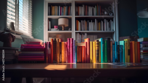 modern bookshelf with colorful books, stylish shelf with paper books, generative ai