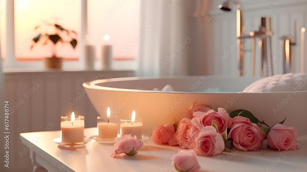blurred romantic bathroom background with white interior with candles and rose petals, generative ai blurred romantic bathroom background with white interior with candles and rose petals, generative ai