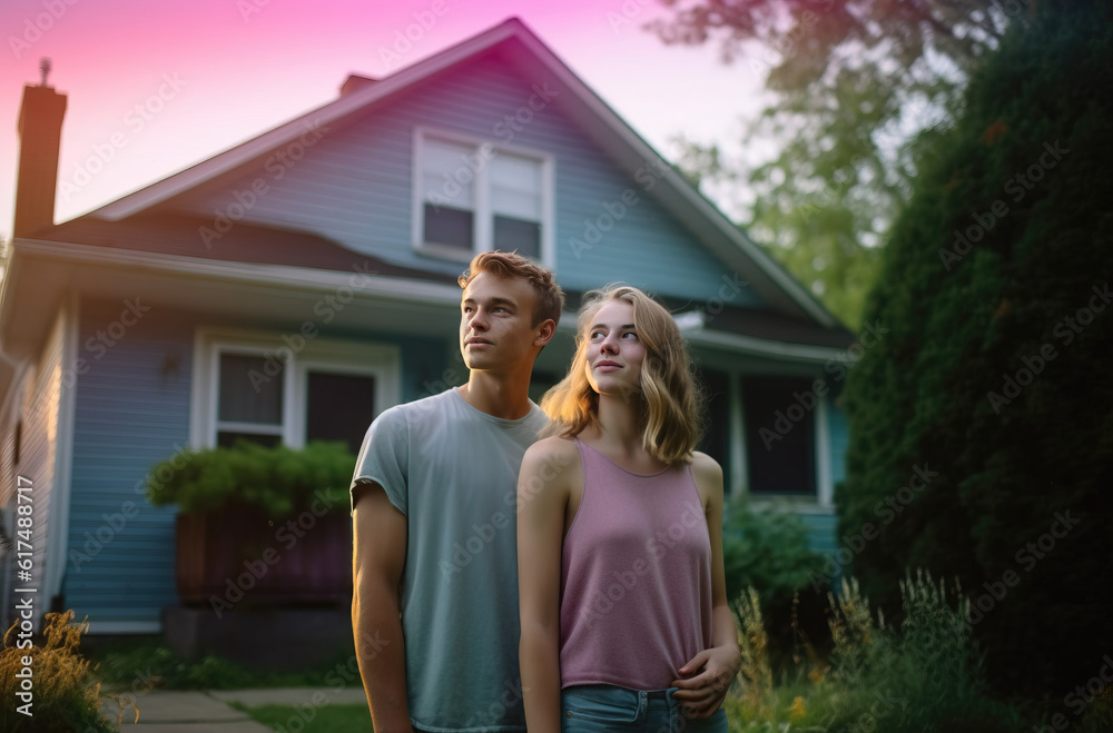 Young hcouple in front of house made with generative AI