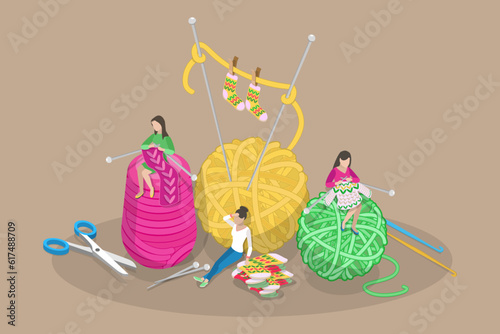 3D Isometric Flat Vector Conceptual Illustration of Knitwork, Handcraft Hobby