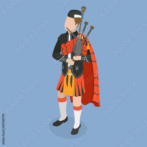 3D Isometric Flat Vector Icon of Scottish Bagpiper, Character in National Clothes