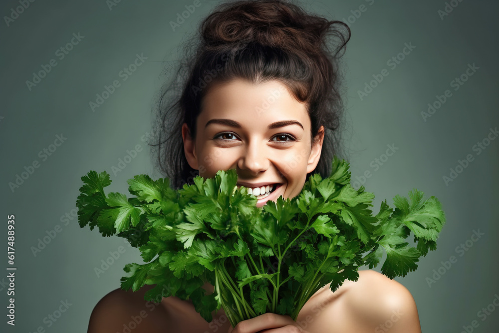 Smiling woman with parsley made with generative AI Smiling woman with parsley made with generative AI