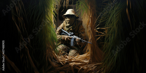 a soldier with a rifle sits in a forest ambush