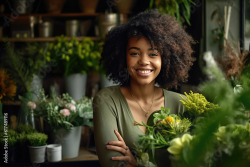 Smiling African American woman with plants made with generative AI © Olga