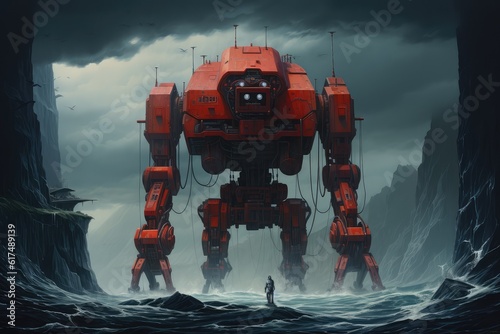 Lone red robot standing on the water
