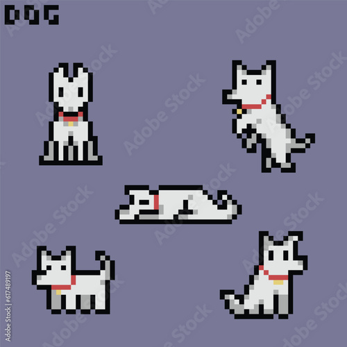 this is Dog in pixel art with simple color with purple background this item good for presentations,stickers, icons, t shirt design,game asset,logo and your project.