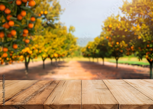 Empty wood table with free space over orange trees, orange field background. For product display montage. Ai Generative