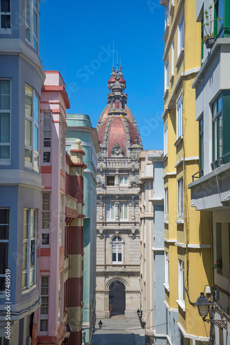 City Hall in Maria Pita Square from Avenida Puerta de Aires. A Coruña, Spain