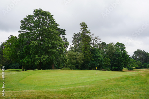 scenic view over golf course green and surrounding trees. Golf hole with flag stick. sport and leisure landscape 