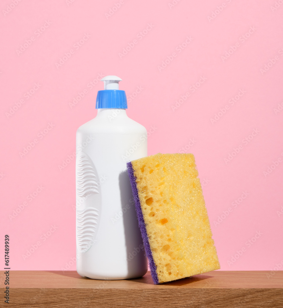 Pink Dish Washing Sponge On White Background, Top View Stock Photo