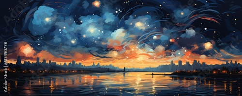 Painting of a starry night sky with fireworks